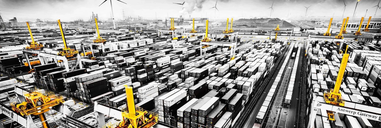 Haven van Antwerpen, panorama met gele kranen